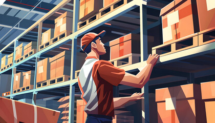 Icon of a warehouse worker stacking boxes on a high shelf when suddenly one of them starts to tee Generative AI