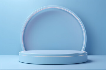 A blue circular podium with circle backdrop on a blue background