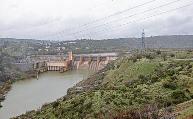 Villalcampo Dam or waterfall, Zamora, Spain - obrazy, fototapety, plakaty