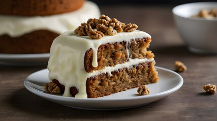 A classic carrot cake topped with smooth cream cheese frosting and chopped walnuts 