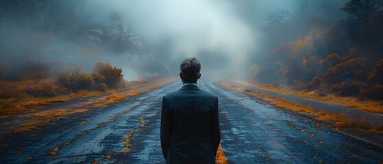 A businessman at a crossroads facing a decisionmaking dilemma in technology. Concept Business Decision-making, Technology Innovation, Entrepreneurial Challenges, Strategic Planning, Career Path - obrazy, fototapety, plakaty
