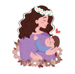 Mother's day greeting card. Vector banner with girl and flying pink paper hearts. Symbols of love on white background