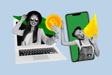 Creative photo collage cheerful happy overjoyed girl stylish sunglass lady selfie photo smartphone btc trader golden coin cryptocurrency