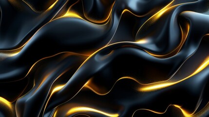Obraz premium Abstract fluid art of black waves with golden highlights, concept of contrast, movement, and luxury