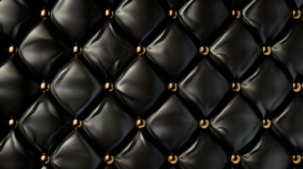 Naklejka premium Black leather upholstery with golden buttons, concept of luxury furniture design and classic elegance
