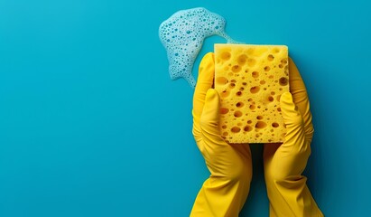 Person in yellow gloves holding a sponge