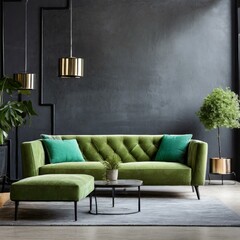 modern living room with sofa.a luxurious living room scene featuring a small light green-colored couch as the focal point. Accentuate the empty wall with decorative deep black plaster stucco microceme