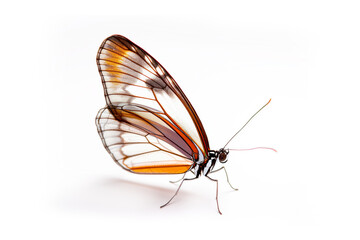 Beautiful Glasswing Yellow butterfly isolated on a white background. Side view