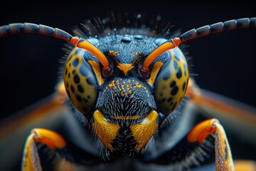 A closeup of an Arthropods face a wasp on a black background, showcasing the intricate details of natures pest organism. Macro photography captures the beauty of this terrestrial animal