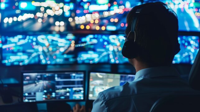 Air Traffic Controller at Work During Night Shift