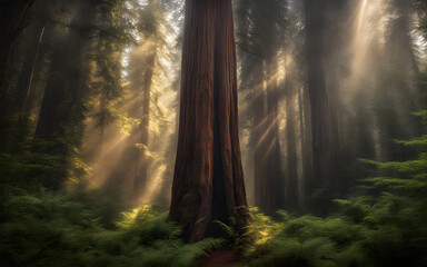 Ancient redwoods in morning mist, towering trees, sunbeams filtering through, mystical and serene