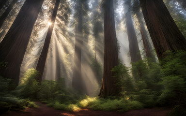 Ancient redwoods in morning mist, towering trees, sunbeams filtering through, mystical and serene