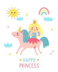 Obraz na płótnie Canvas Happy little princess with unicorn vector. Set of cute magical princess, unicorn, and lettering for children's illustrations. Vector isolated on a white background
