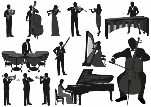 Performing Musicians Vector Silhouette Illustration Set Isolated White Background