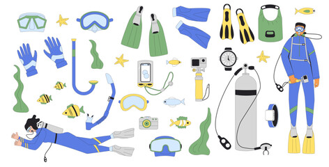 Diving set. Man and woman divers swimming in water suits, oxygen masks, tanks and equipment for scuba and snorkel. Underwater snorkelling. Line art vector illustrations