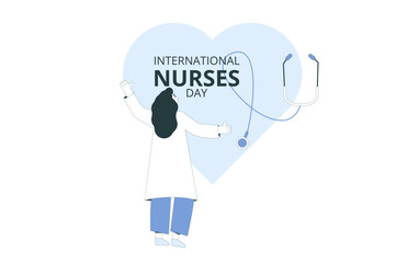 International nurses day text card. Holiday banner. Female character and stethoscope with heart symbol line art illustration.