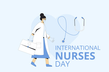 International nurses day text card. Holiday banner. Female character in clinic uniform and medical symbols illustration.