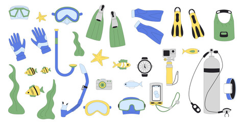 Diving equipment and accessories set. Divers swimming oxygen masks, tanks and tube for scuba and snorkel. Underwater sea marine snorkeling sport. Line art vector illustration