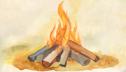 水彩で描いた焚き火、炎