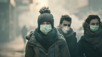 Fototapeta premium People in winter clothing and masks walking in haze.