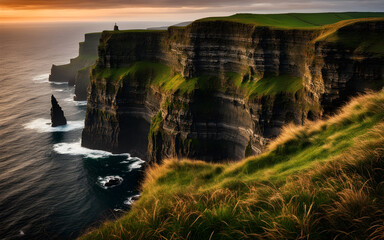 Dramatic Cliffs of Moher at sunset, rugged coast, powerful waves, wild, untouched beauty