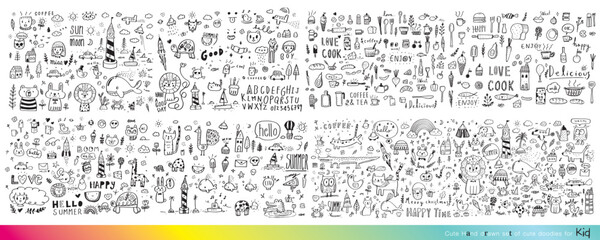 Collection of hand drawn cute doodles,Doodle children drawing,Sketch set of drawings in child style,Funny Doodle Hand Drawn,Page for coloring, cute animal
