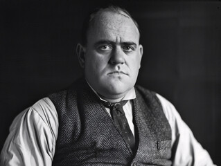 Vintage black and white portrait of a man in formal attire from early 20th century, embodying a historical fashion style