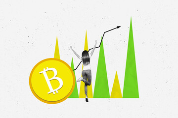 Composite photo collage of happy woman jump stand back huge bitcoin gold crypto money coin trade...