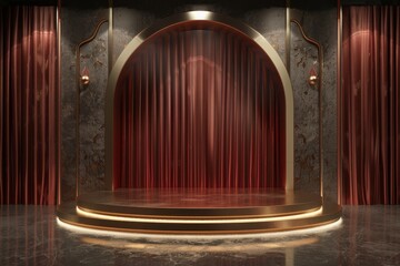 Elegant award podium with red curtains and golden arch, theatrical showcase concept - obrazy, fototapety, plakaty