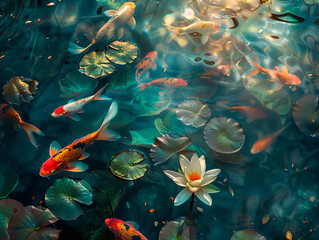 Fototapeta na wymiar Vivid image of koi fish swimming in a tranquil pond with water lilies, reflecting peace and serenity in nature