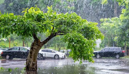 heavy rain and tree in the parking lot