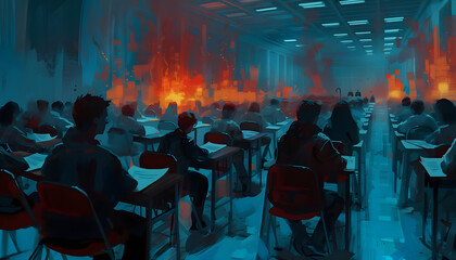 Icon of a student in the middle of an important exam when suddenly the fire alarm goes off inter Generative AI