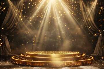 Glamorous award ceremony stage with golden glitter and spotlight, luxury and fame concept - obrazy, fototapety, plakaty
