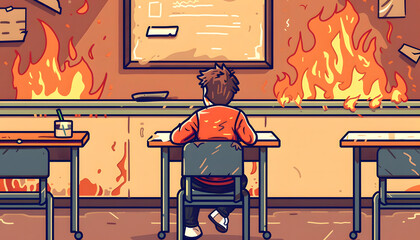 Icon of a student in the middle of an important exam when suddenly the fire alarm goes off inter Generative AI - Powered by Adobe