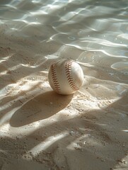 Fototapeta na wymiar Pristine white baseball, resting on the sandy pitchers mound, medium shot, in the soft glow of the afternoon, capturing the games spirit
