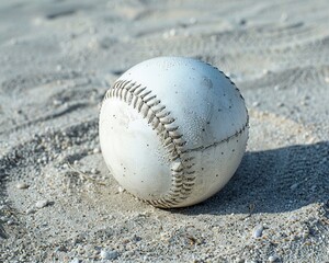 White leather baseball on pitchers mound, closeup, with detailed texture, under clear midday sun, emphasizing the sports essence - obrazy, fototapety, plakaty