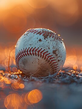 Macro shot of a white baseball on the pitchers mound, emphasizing the leather texture and seams, in the serene twilight ambiance