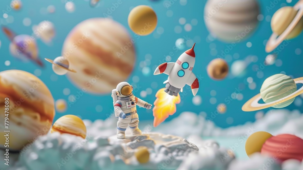 Poster a whimsical space scene with a tiny astronaut and rocket surrounded by planets ai generated illustra
