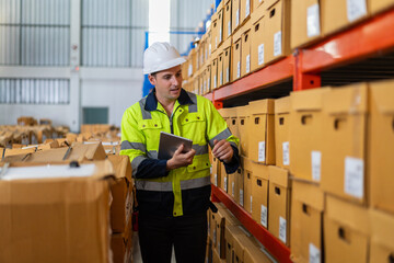 Portrait engineer worker labor man shipping transportation ship loading move inventory cardboard...