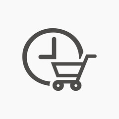 basket, trolley, online shopping cart icon vector. time, 24 hour, hour, call, clock symbol sign