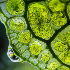 Green plant cells are magnified 200