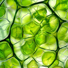 Green plant cells are magnified 200