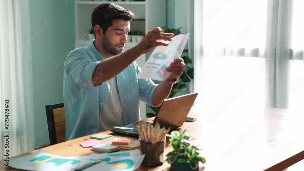 Poster professional smart manager working on laptop while looking at data analysis. leader compare financia