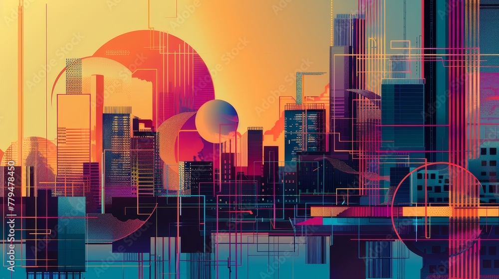 Poster abstract shapes and patterns in a retro-futuristic cityscape ai generated illustration
