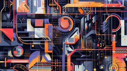 Abstract shapes and patterns in a retro-futuristic cityscape  AI generated illustration
