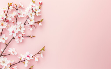 Sakura, cherry blossoms in full bloom on a pink background.