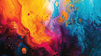 Vibrant abstract acrylic pour painting with a colorful blend of orange, yellow, blue, and white creating a dynamic, fluid art background.