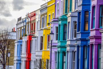 Closeup on the facades of colorful houses 