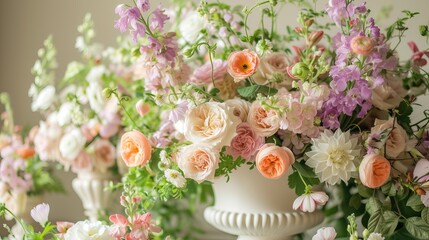 Elegant floral arrangement with pink roses and cherry blossoms in white vases on a light background.