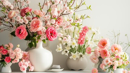 Fototapeta na wymiar Elegant floral arrangement with pink roses and cherry blossoms in white vases on a light background.